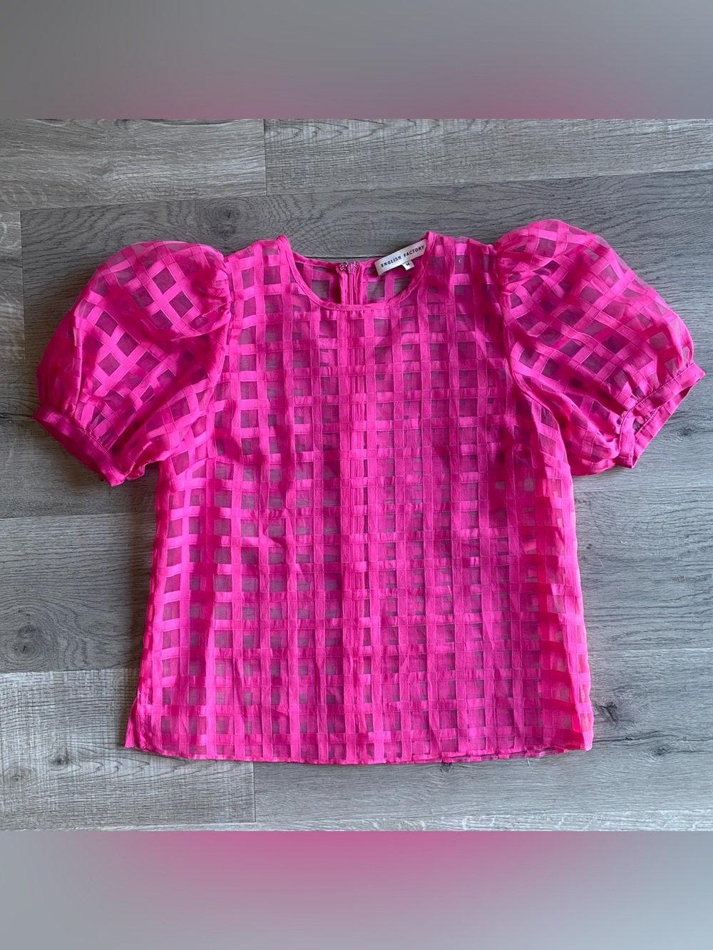 English Factory Hot Pink Puff Sleeve Checkered Blouse